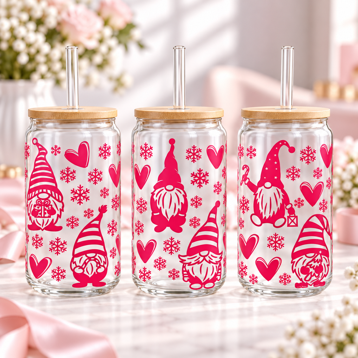 Pink Winter Gnomes & Hearts clear 16oz glass can — three views; listing includes one cup