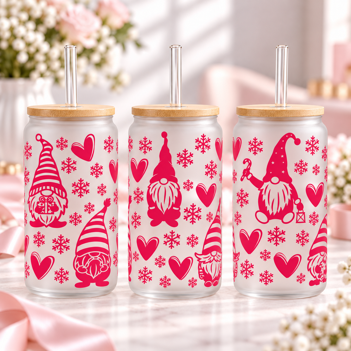 Pink Winter Gnomes & Hearts frosted 16oz glass can — three views; listing includes one cup