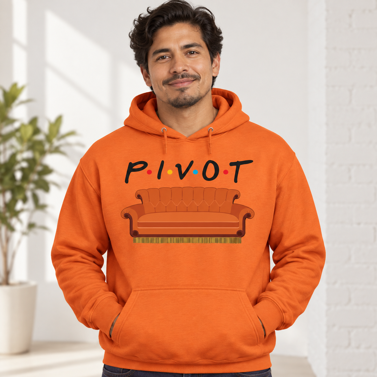 Pivot Couch graphic on Orange Hoodie