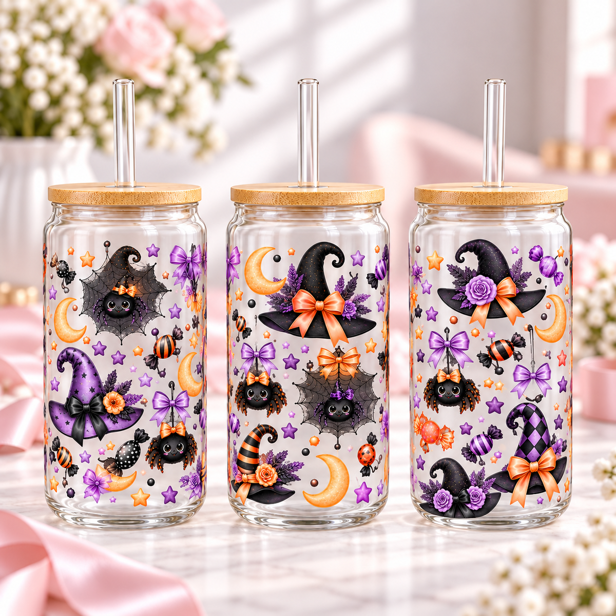 Purple Witch Hats & Spiders Halloween Glass Can Tumbler — clear; complementary views of one product