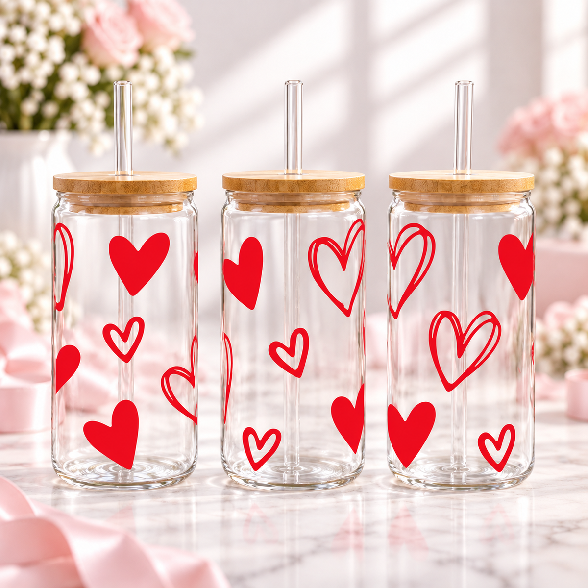 Red Hearts Glass Can with Bamboo Lid & Glass Straw — clear; complementary views of one product