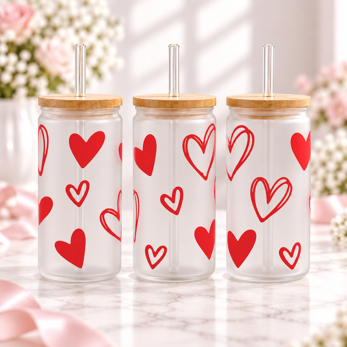 Red Hearts Glass Can with Bamboo Lid & Glass Straw — frosted; complementary views of one product