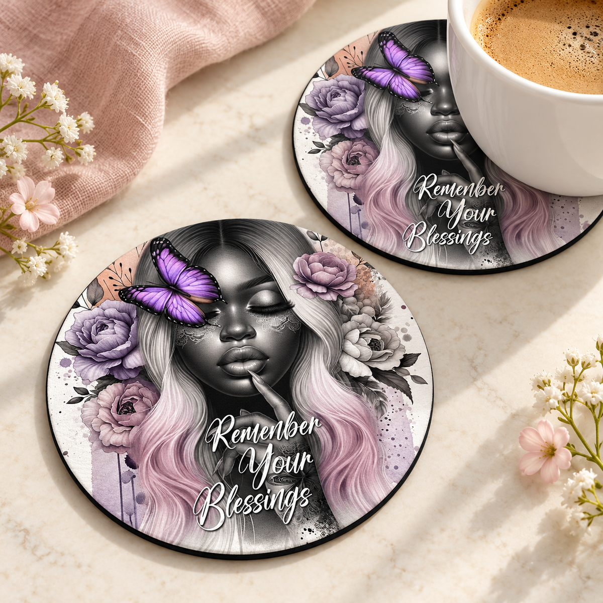 Remember Your Blessings Round coaster set of two with thin black rubber backing
