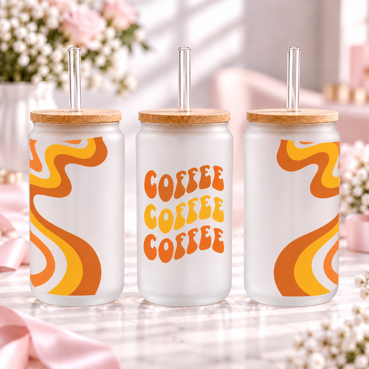 Retro Coffee Glass Can with Bamboo Lid & Glass Straw — frosted; complementary views of one product