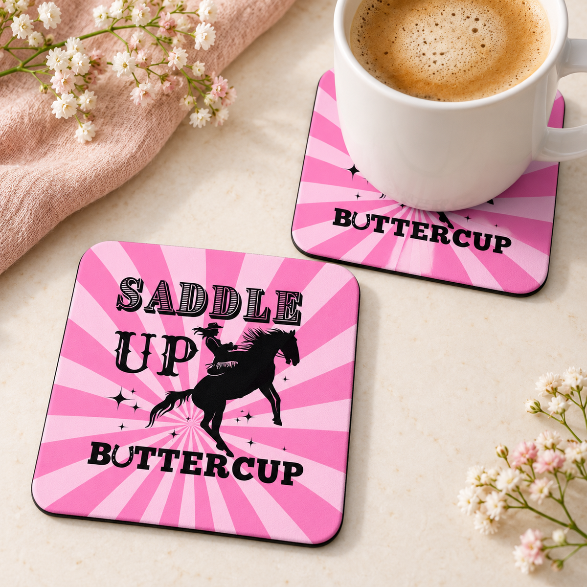 Saddle Up Buttercup square coaster set of two with thin black rubber backing