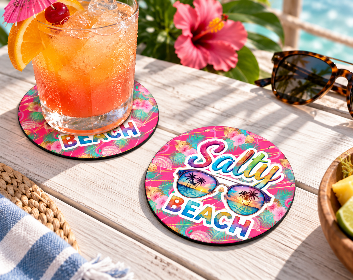 Salty Beach Coaster – Tropical Flamingo Coastal Drink Decor — Round set of 2