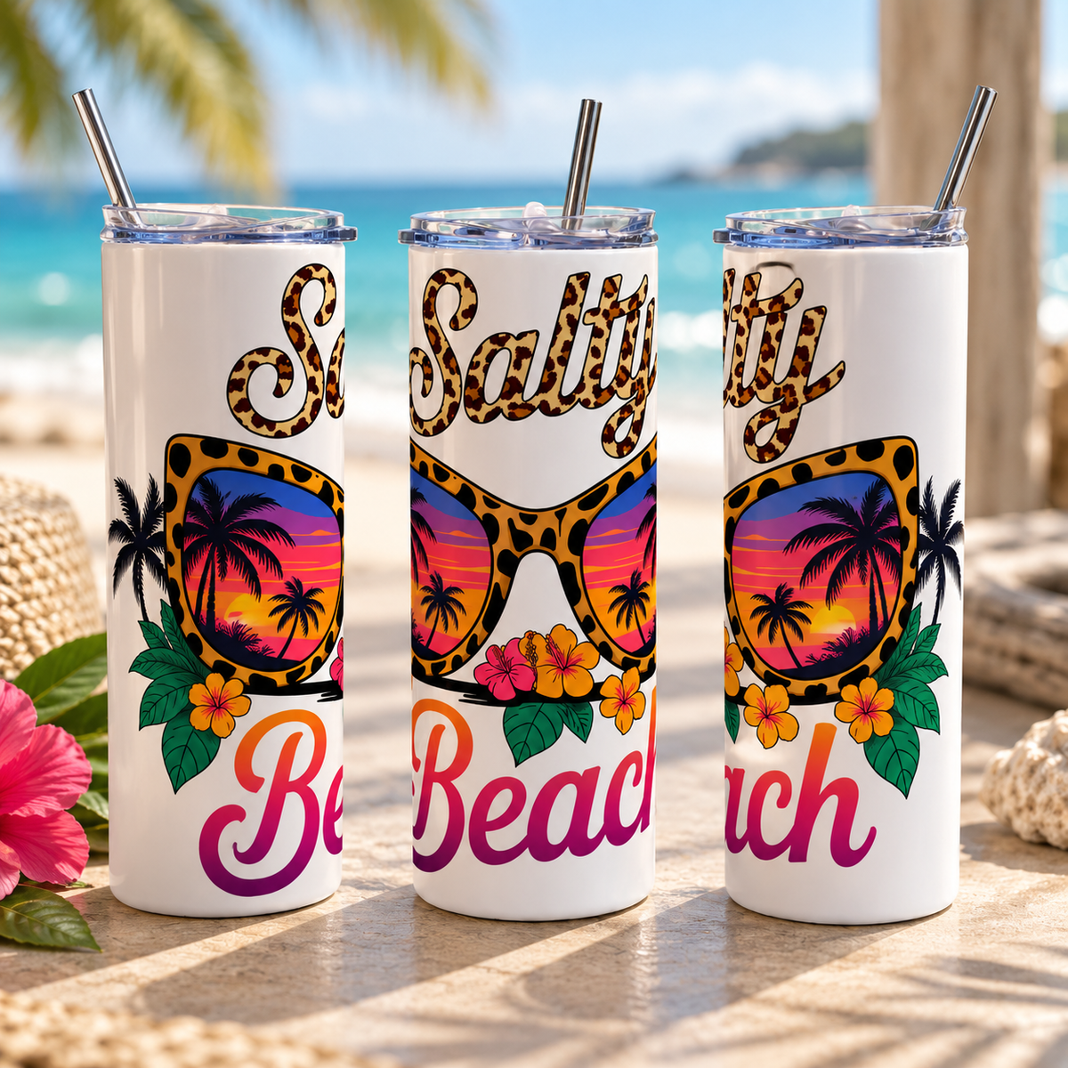 Salty Beach 20oz Skinny Tumbler – three-tumbler realistic lifestyle mockup