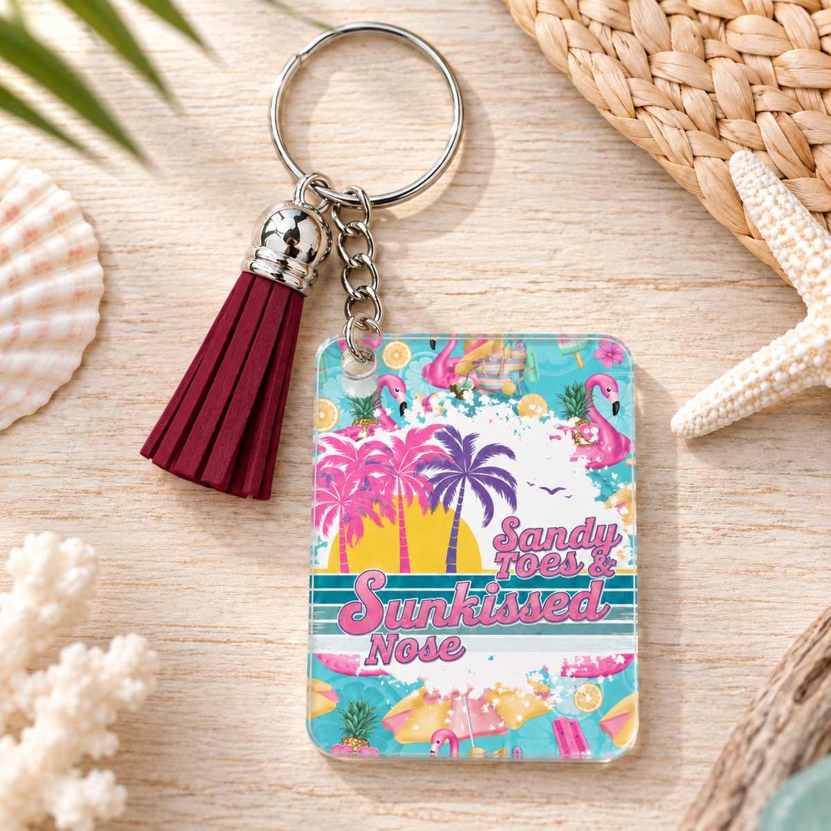 Sandy Toes Sunkissed Nose keychain with maroon tassel