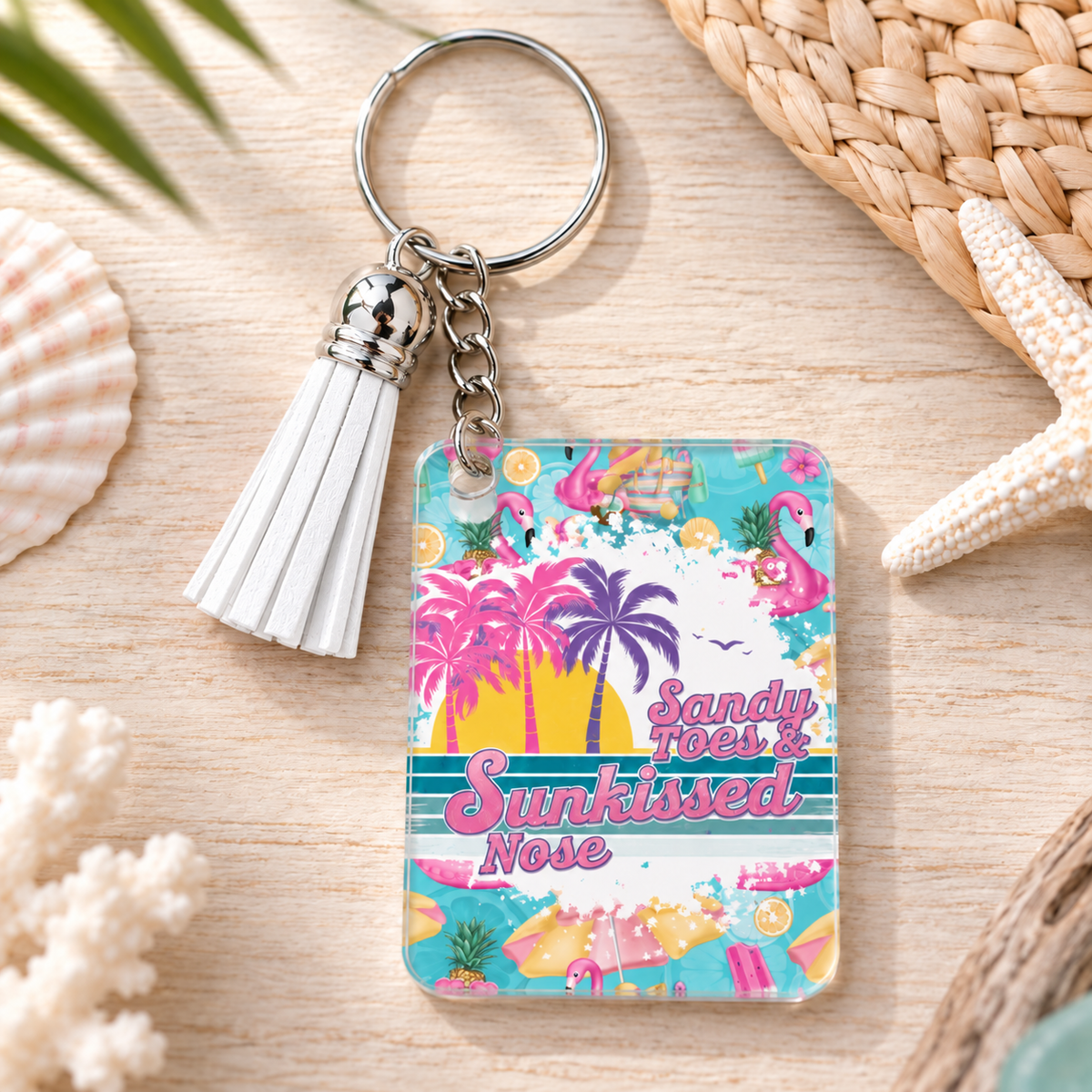 Sandy Toes Sunkissed Nose keychain with white tassel