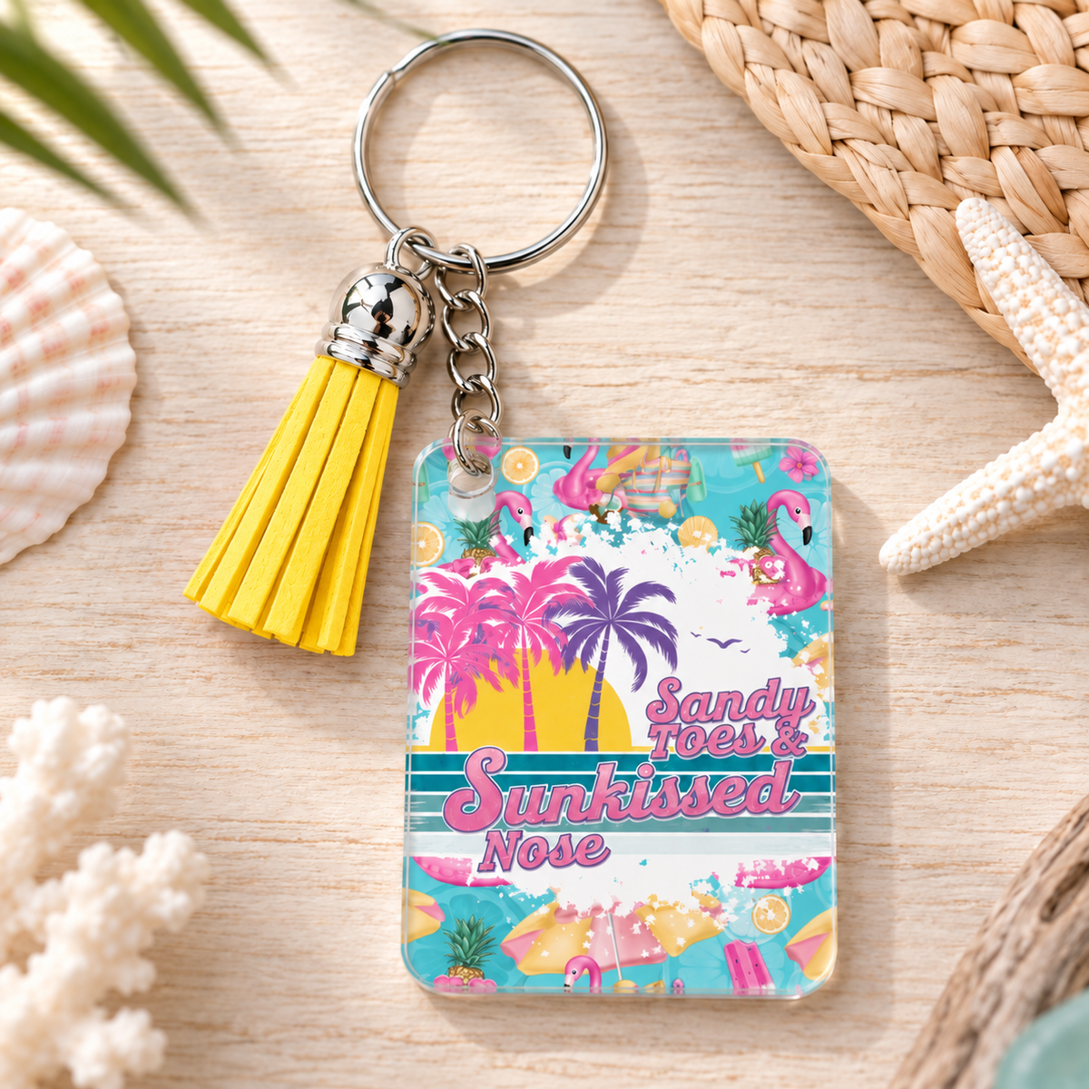 Sandy Toes Sunkissed Nose keychain with yellow tassel