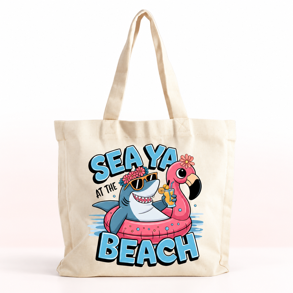 Seaya at the Beach Shark Tote – Funny Flamingo Summer Bag — product mockup