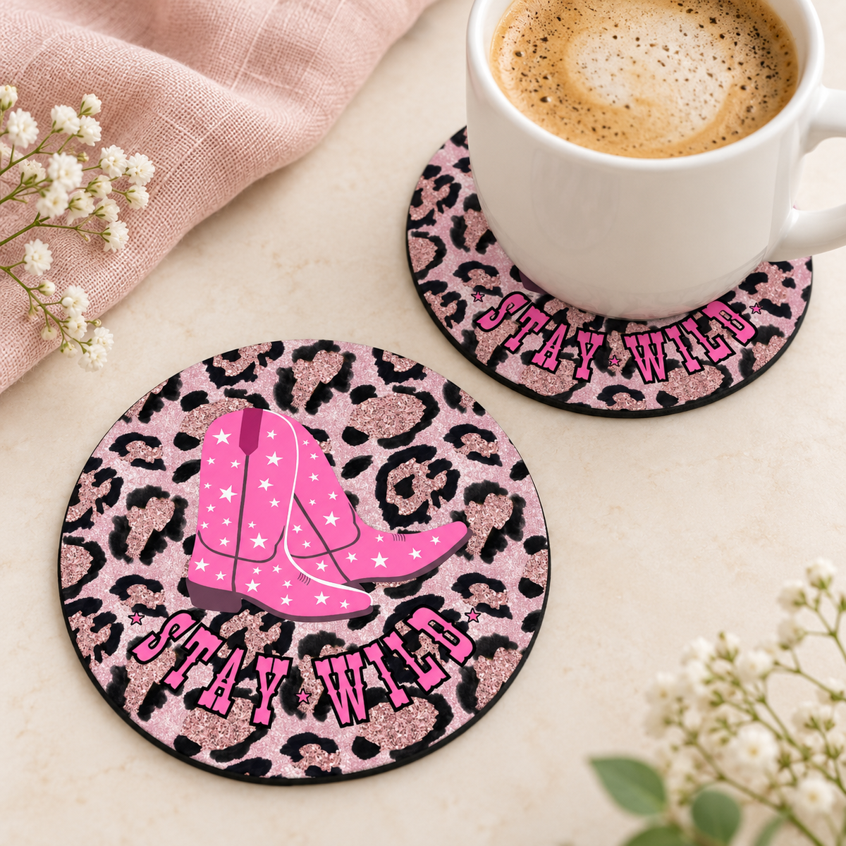 Stay Wild round coaster set of two with thin black rubber backing