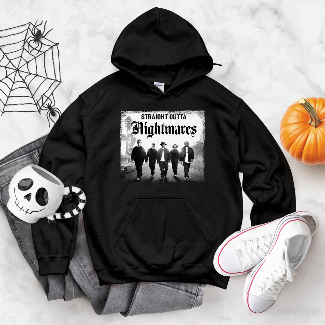 Straight Outta Nightmares design on a black hoodie