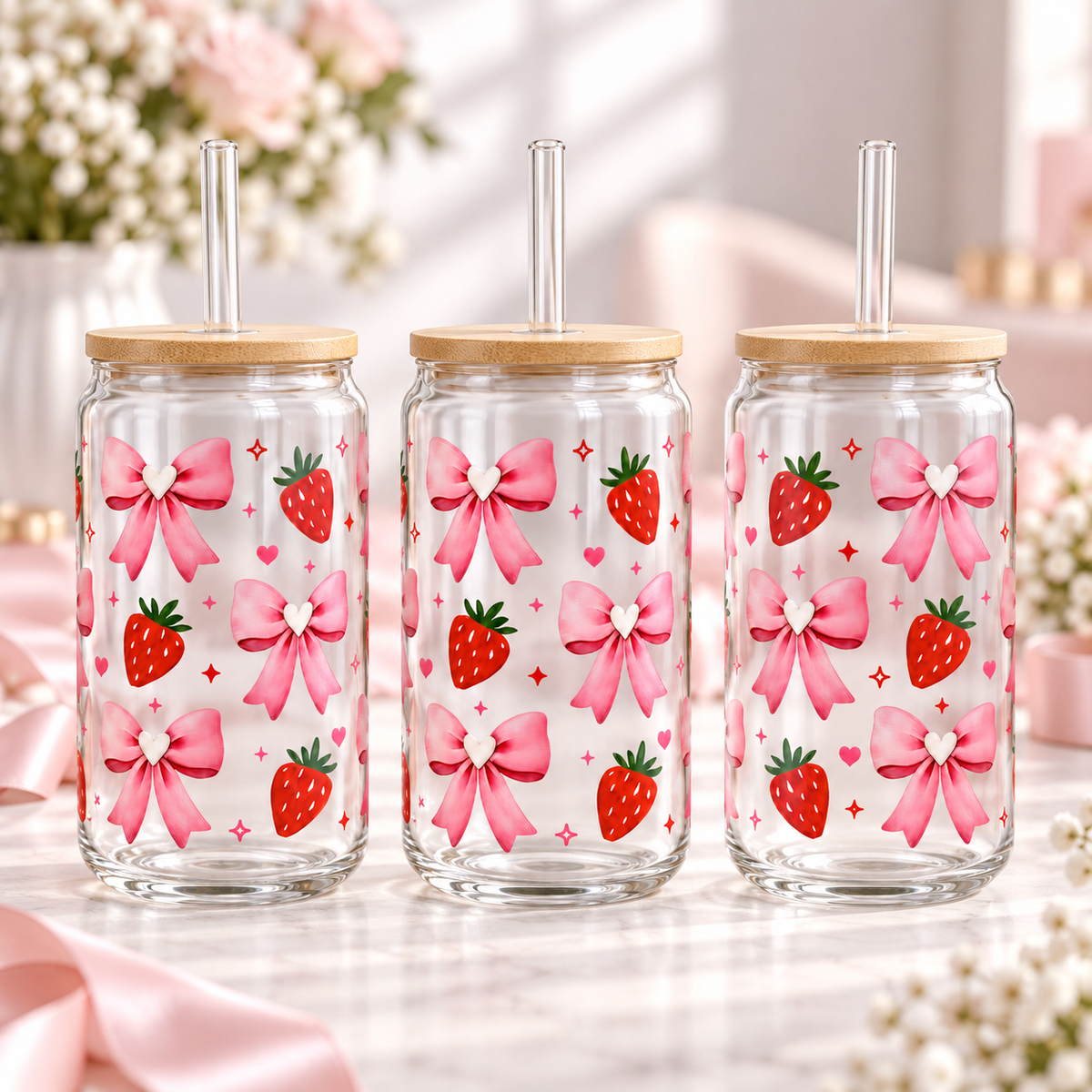 Pink Bows & Strawberries 16oz clear glass can — three views of the same design; listing includes one cup