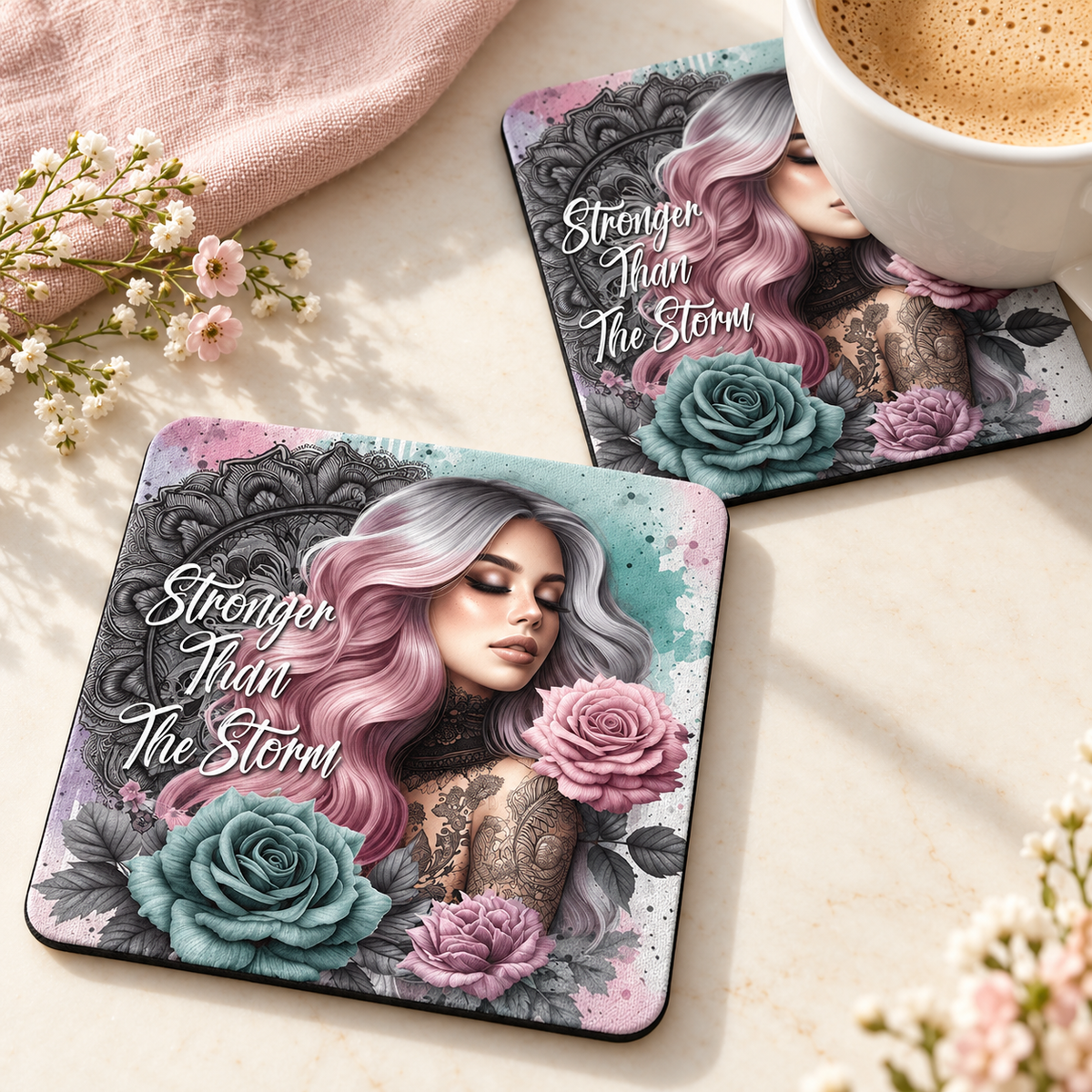 Stronger Than The Storm Square coaster set of two with thin black rubber backing