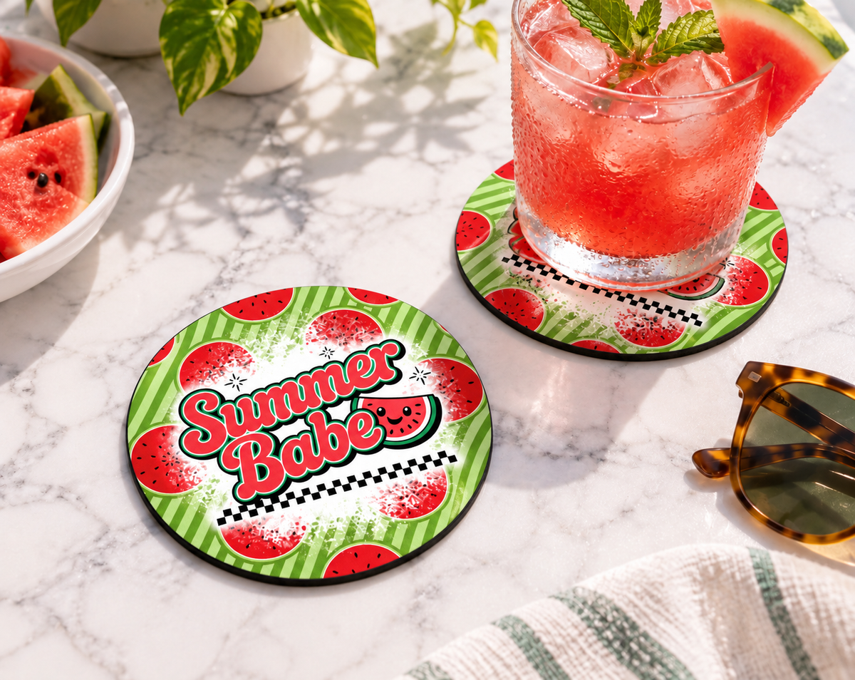 Summer Babe Watermelon Coaster – Retro Fruit Drink Decor — Round set of 2