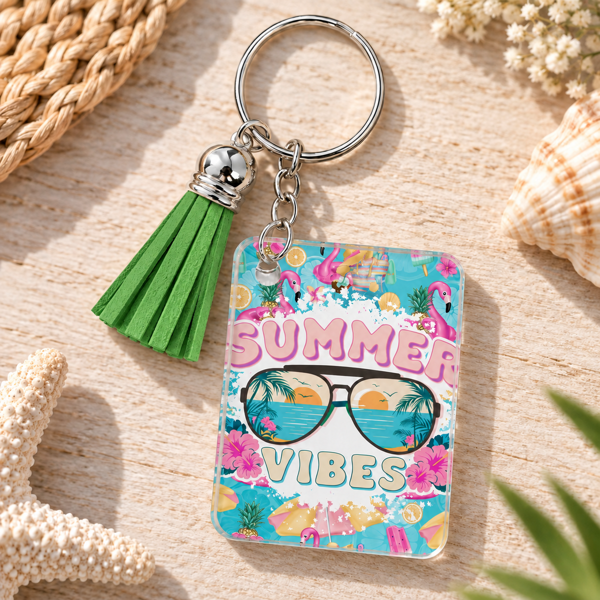 Summer Vibes keychain with green tassel