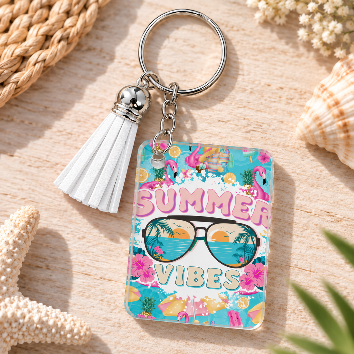 Summer Vibes keychain with white tassel