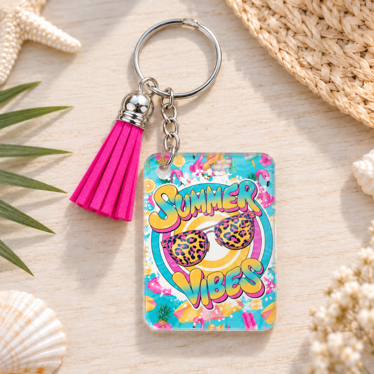 Summer Vibes Bright keychain with hot pink tassel