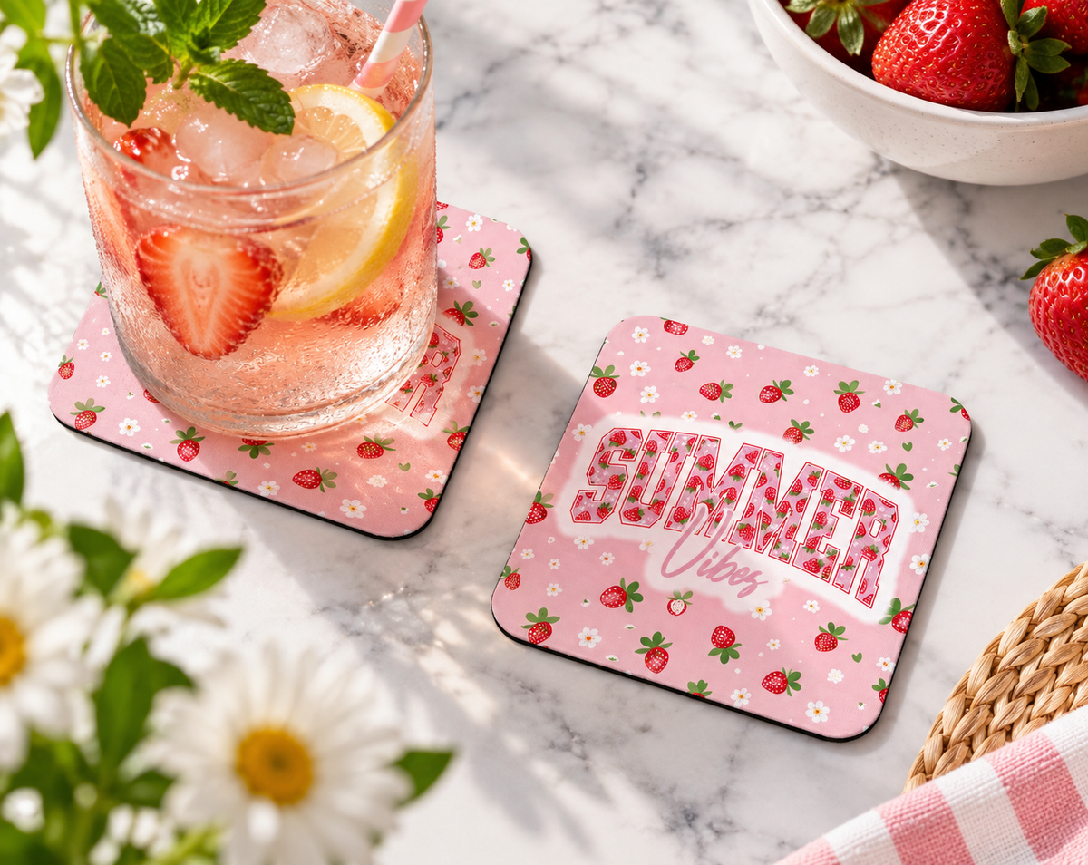 Summer Vibes Strawberry Coaster – Cute Pink Berry Decor soft coaster lifestyle mockup