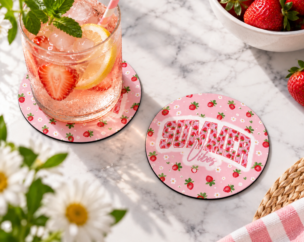 Summer Vibes Strawberry Coaster — Round set of 2