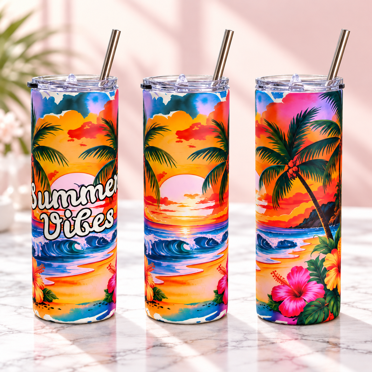Summer Vibes Tropical Sunset 20oz Skinny Tumbler — three views