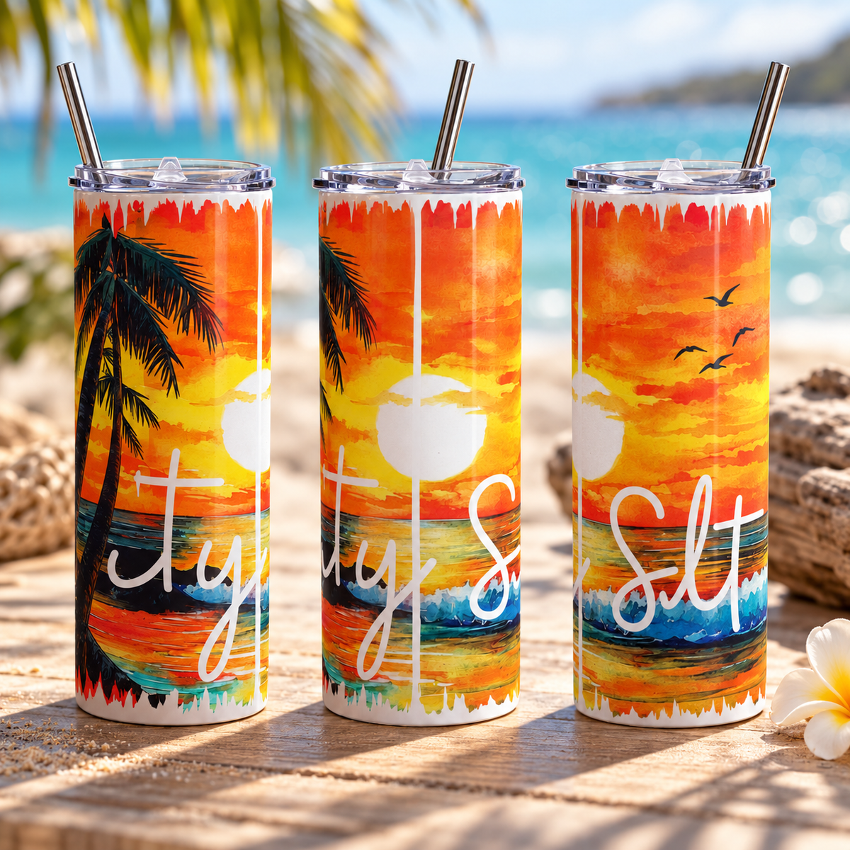 Salty Sunset Beach 20oz Skinny Tumbler – three-tumbler realistic lifestyle mockup