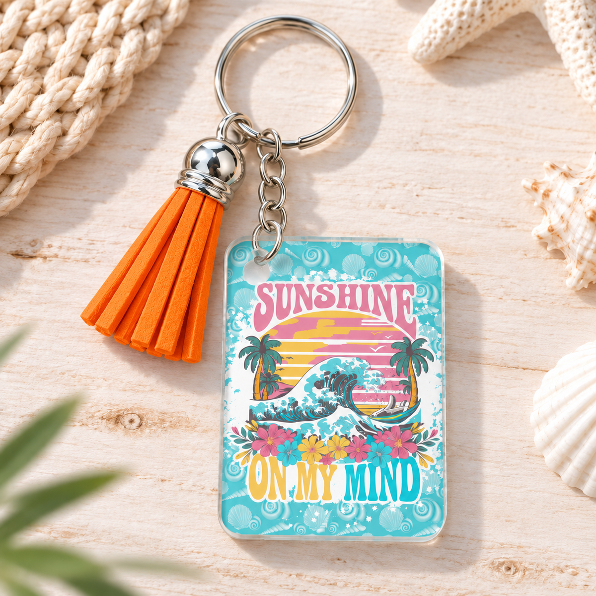 Sunshine on My Mind keychain with orange tassel