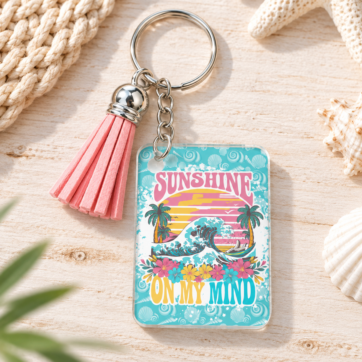 Sunshine on My Mind keychain with pink tassel