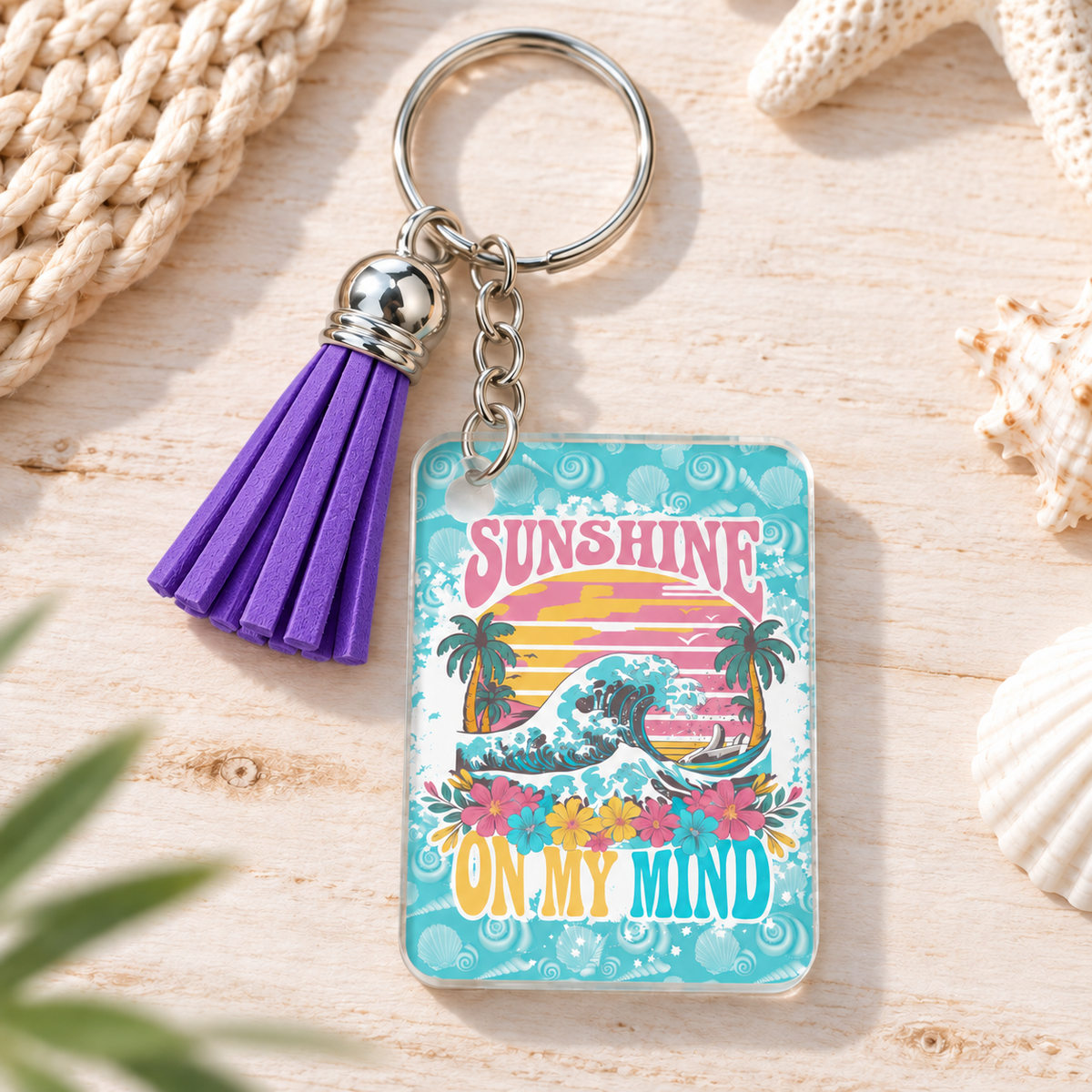 Sunshine on My Mind keychain with purple tassel