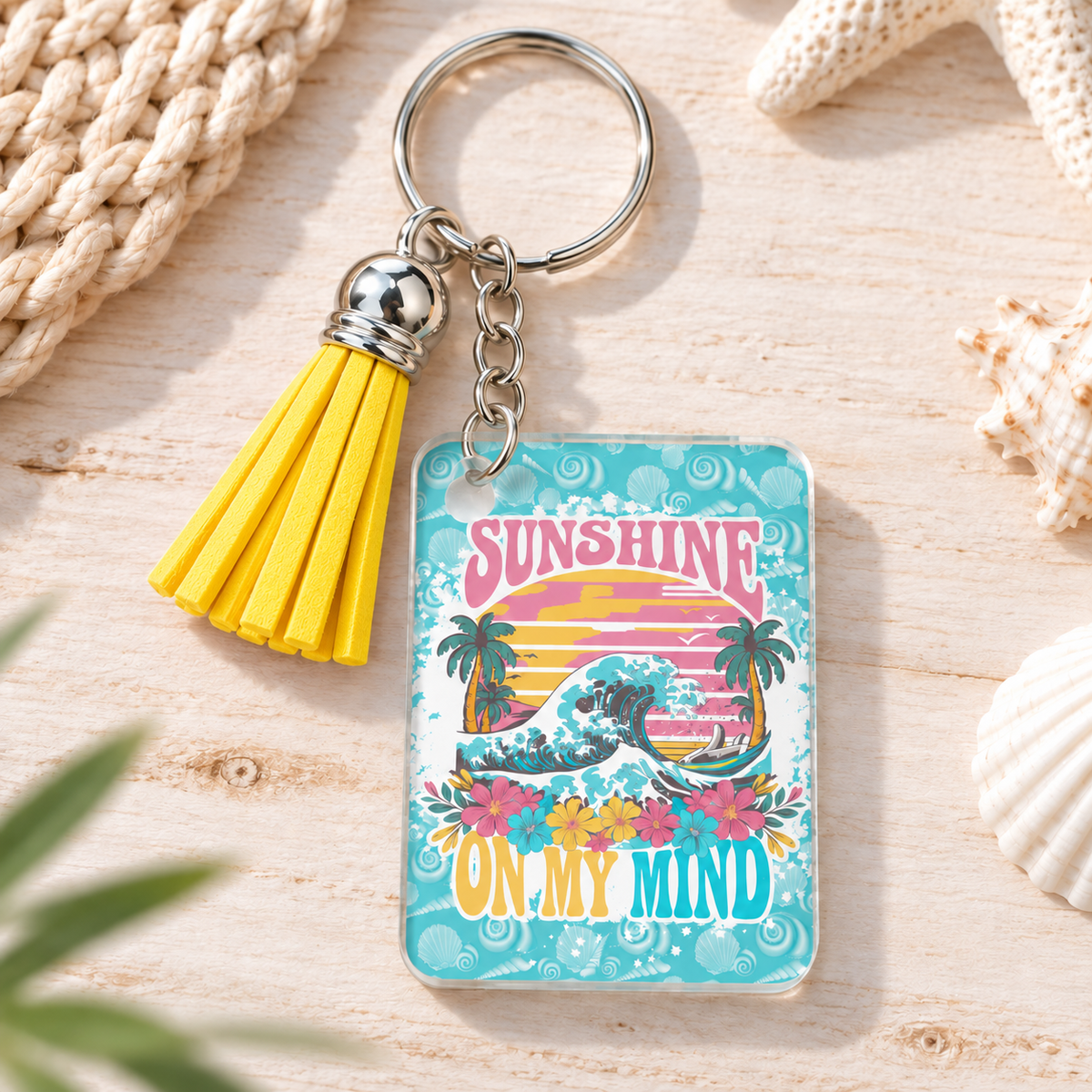 Sunshine on My Mind keychain with yellow tassel