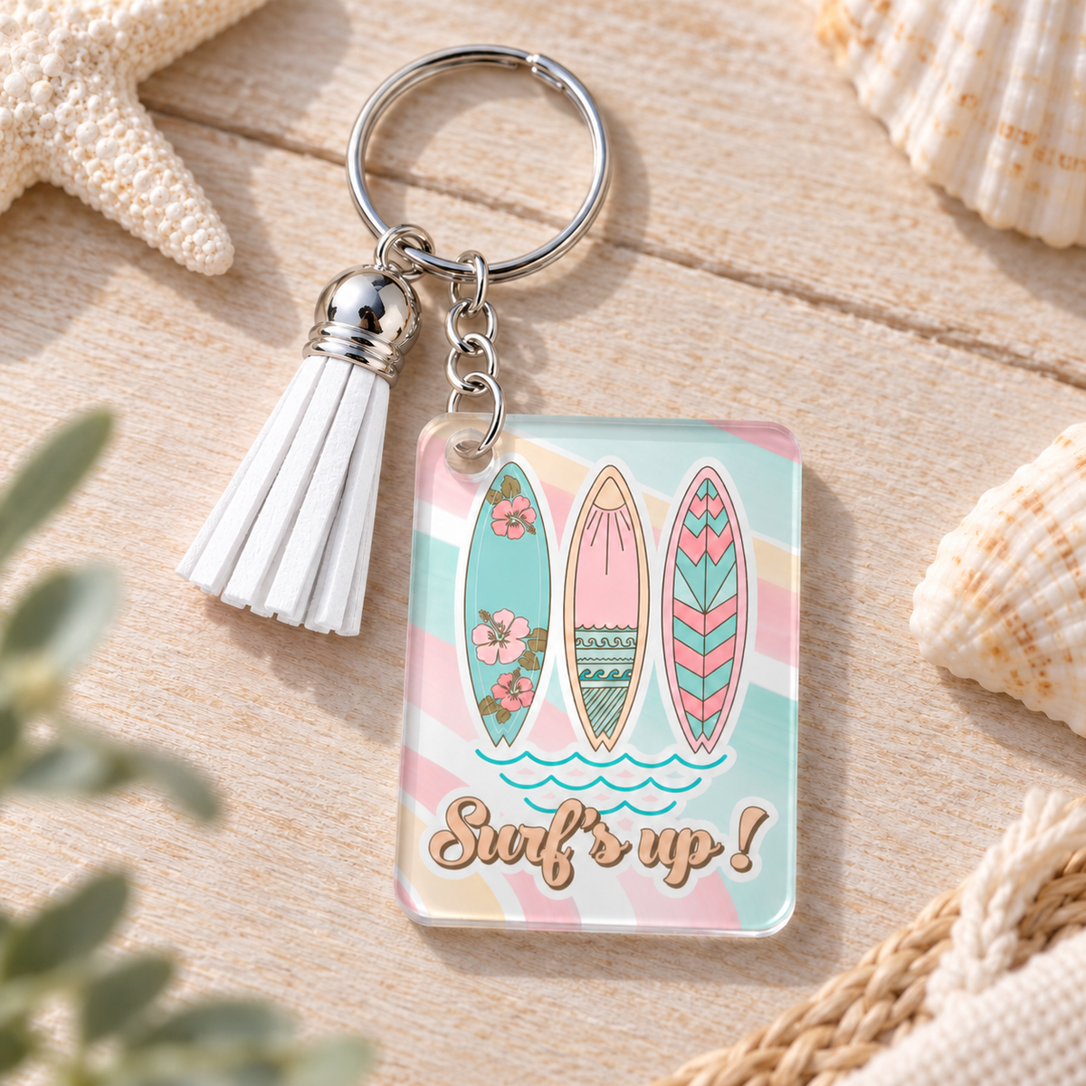 Surf's Up keychain with white tassel