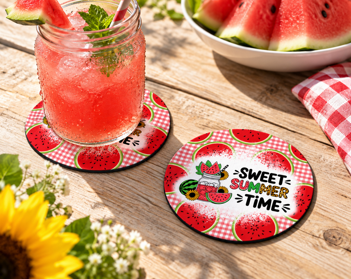 Sweet Summer Time Watermelon Coaster – Picnic Gingham Decor — Round set of 2