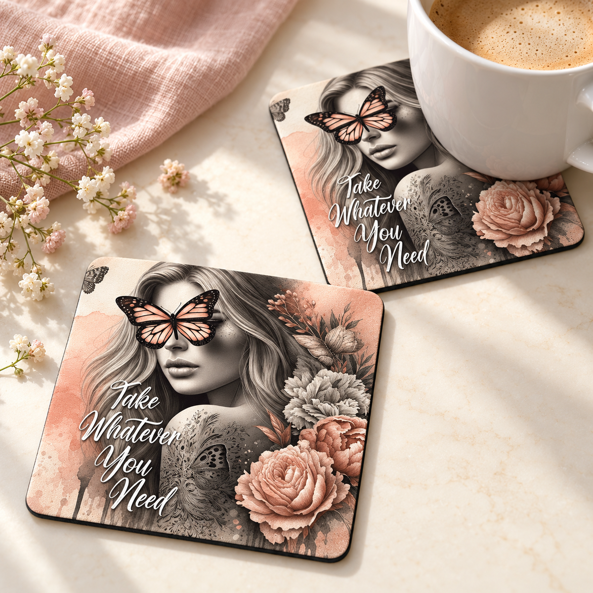 Take Whatever You Need Square coaster set of two with thin black rubber backing