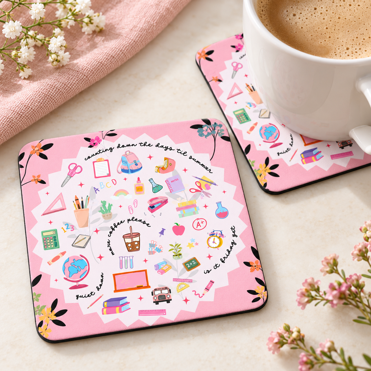 Teacher Life School Supplies Collage square coaster set of two with thin black rubber backing