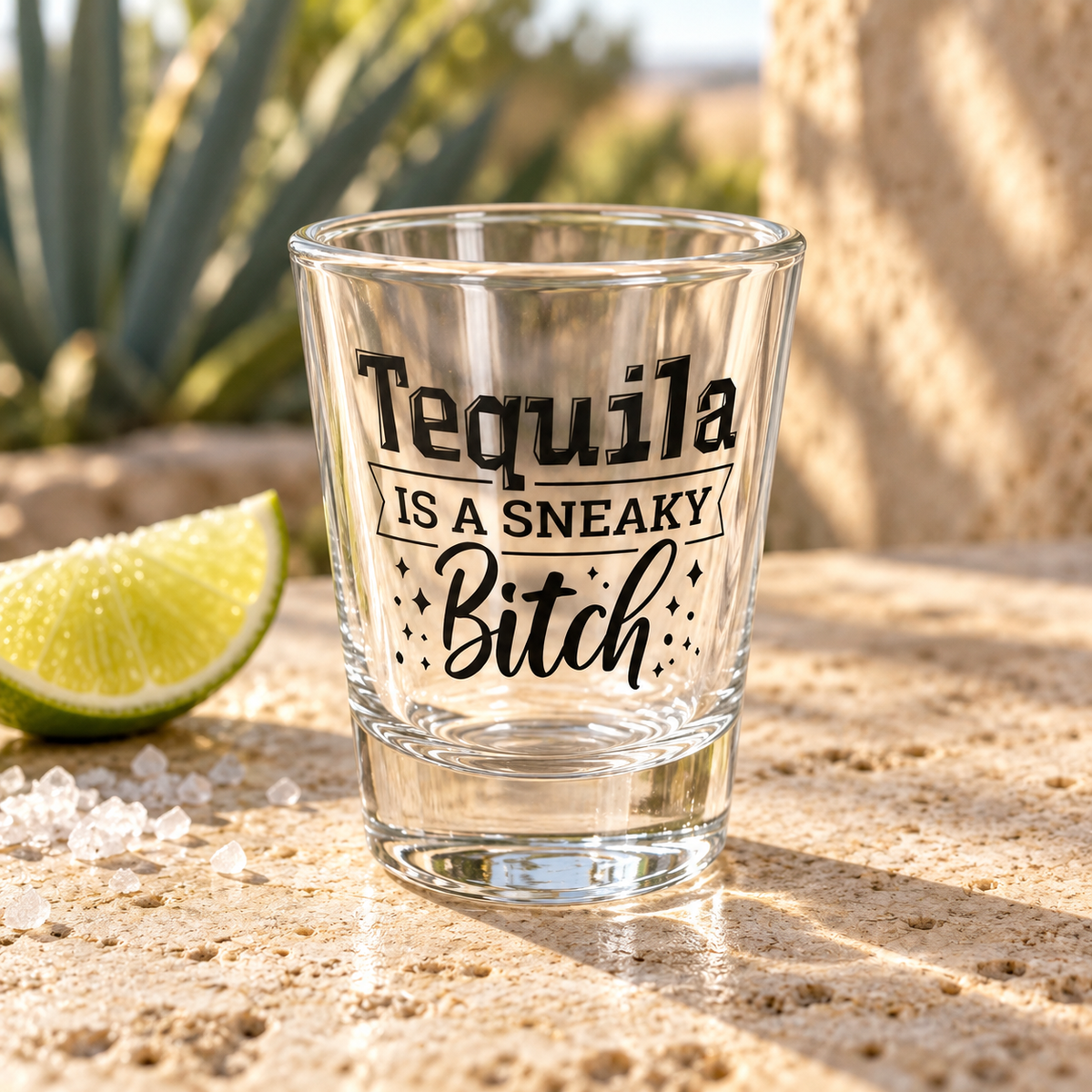 Tequila Is a Sneaky Bitch Shot Glass – Funny Party Gift – realistic lifestyle mockup