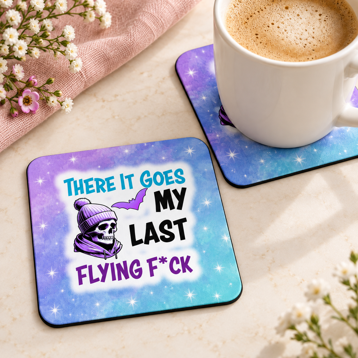 There It Goes My Last Flying F*ck square coaster set of two with thin black rubber backing