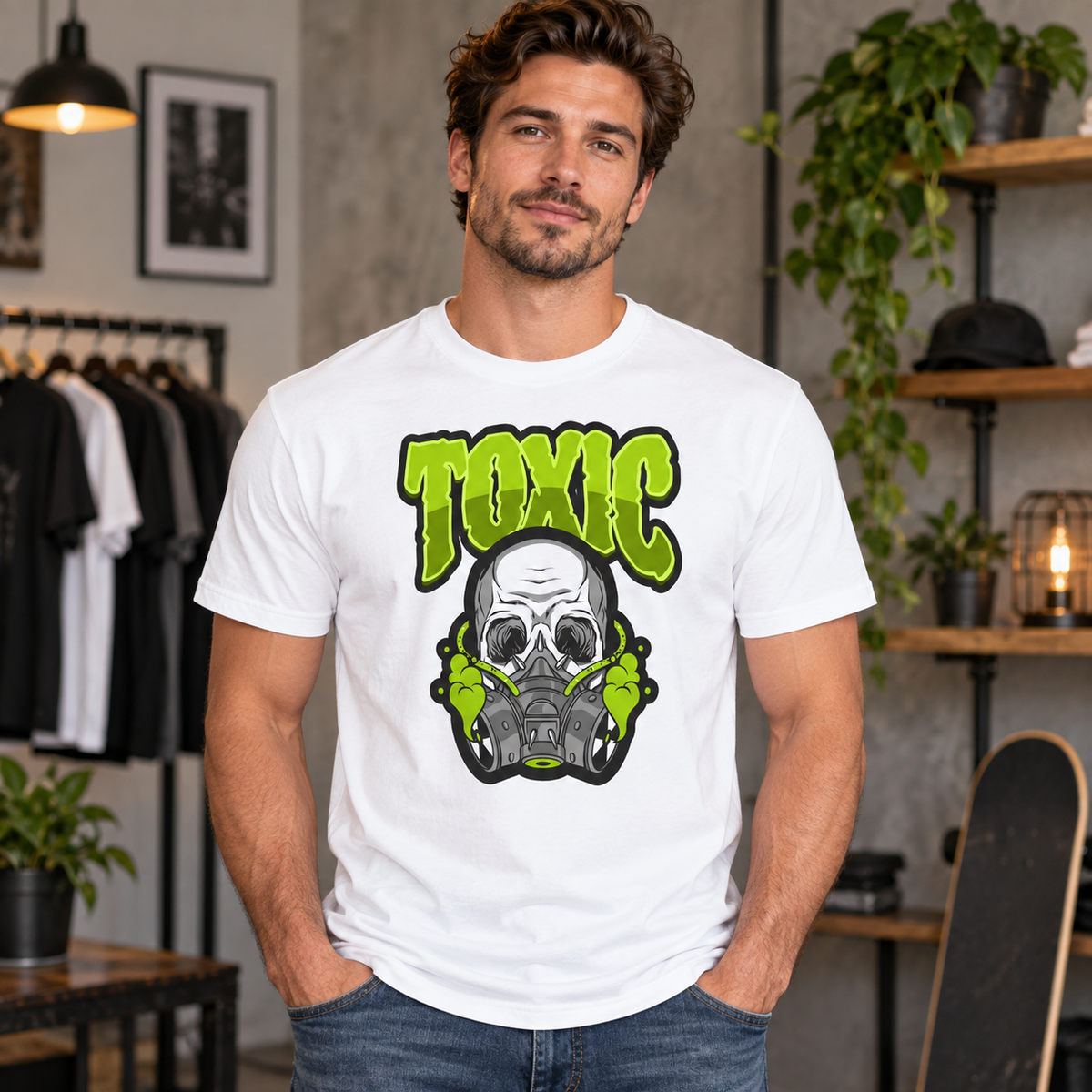 Toxic Skull Graphic Apparel on White T-Shirt