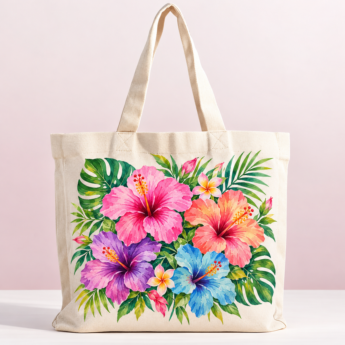 Tropical Watercolor Hibiscus Canvas Tote – Floral Beach Bag — product mockup