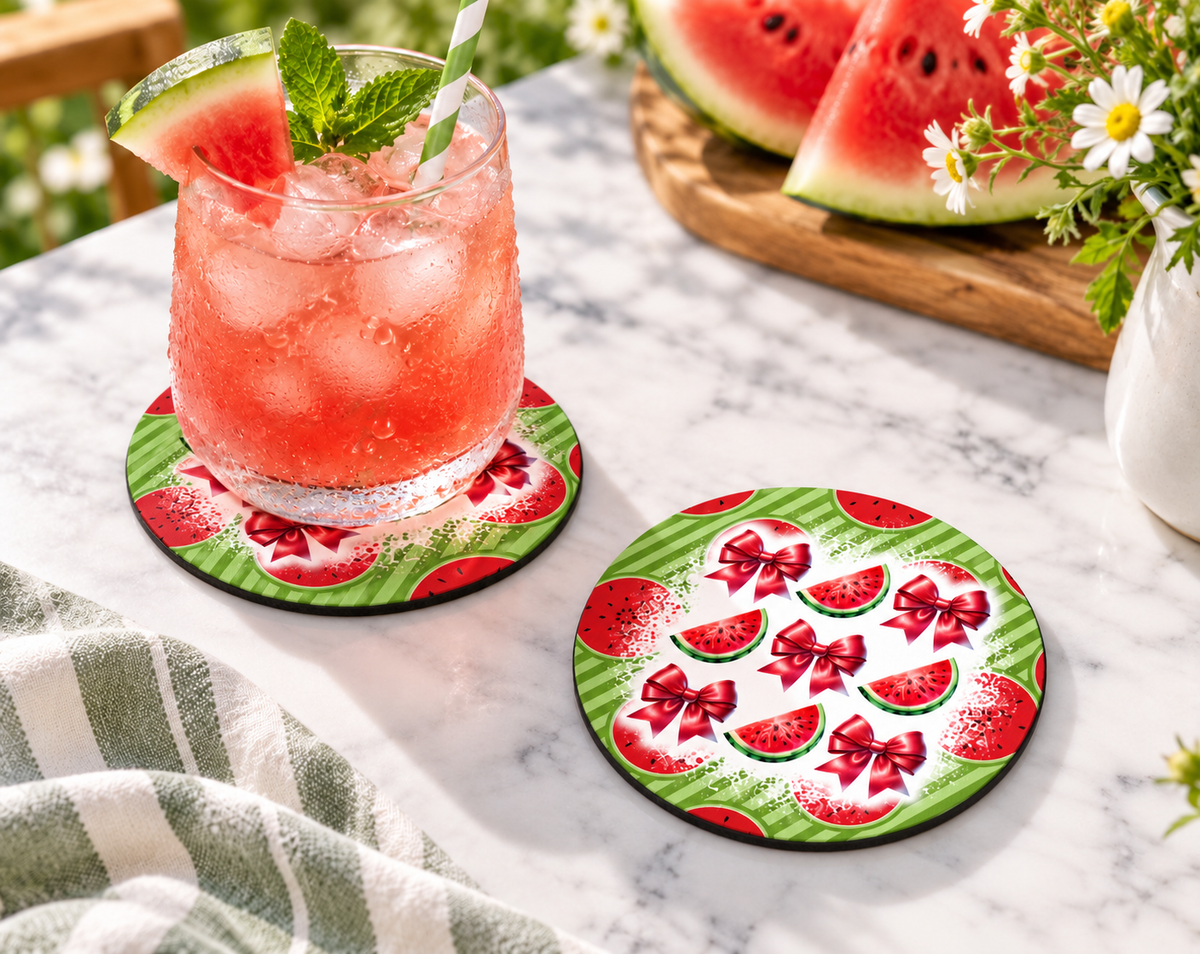 Watermelon & Bows Coaster – Retro Summer Cottagecore Decor — Round set of 2