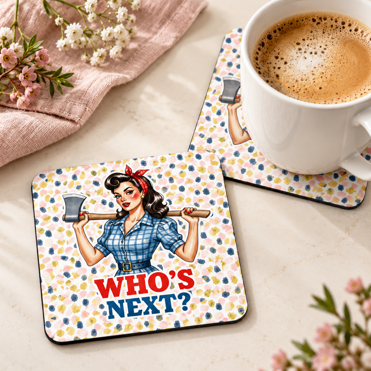Who's Next Retro Axe square coaster set of two with thin black rubber backing