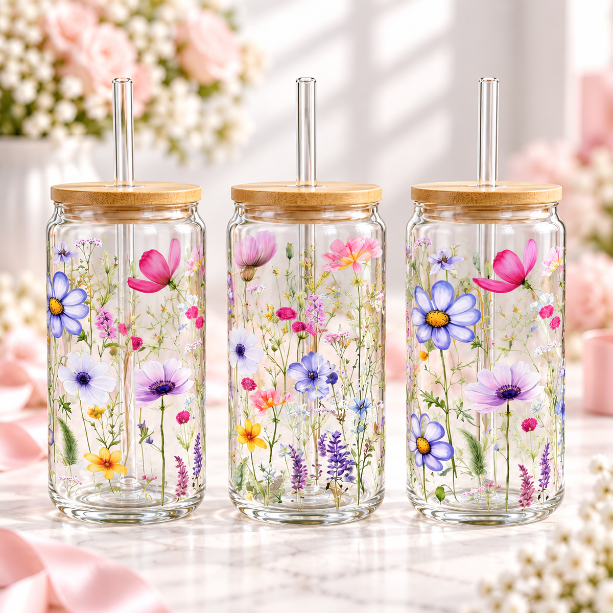 Wildflower Meadow Glass Can with Bamboo Lid & Glass Straw — clear; complementary views of one product