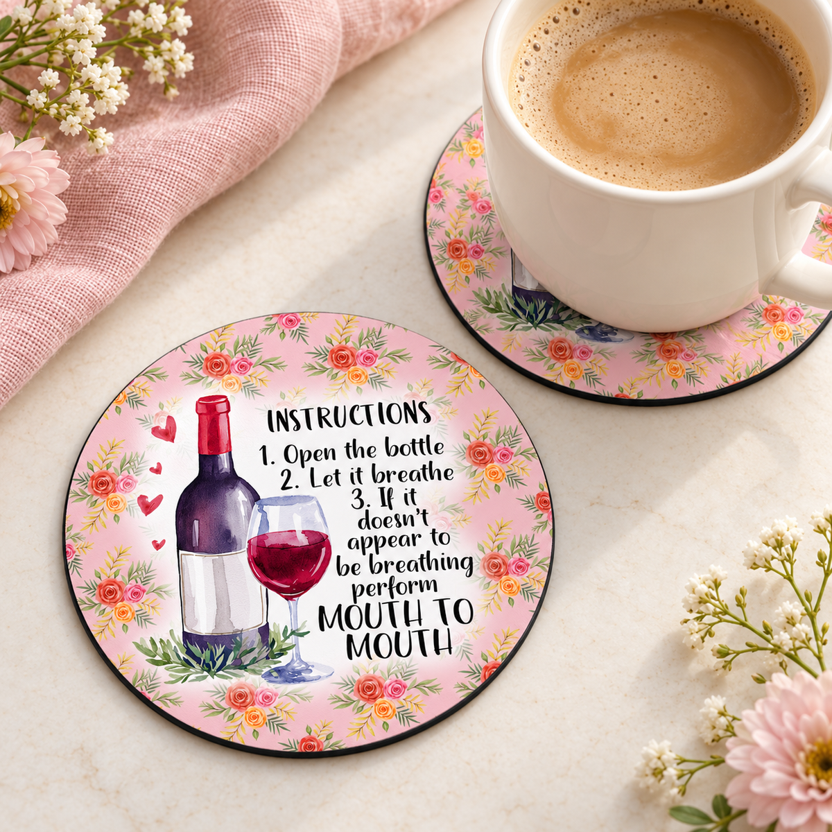 Wine Instructions round coaster set of two with thin black rubber backing