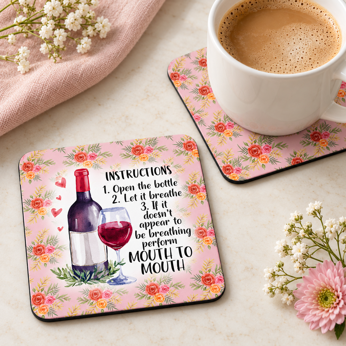 Wine Instructions square coaster set of two with thin black rubber backing