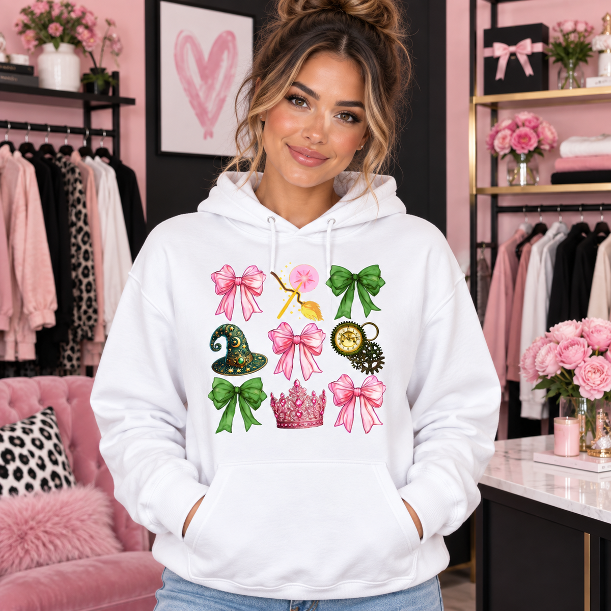 Pink and green magical collage design on white hoodie model