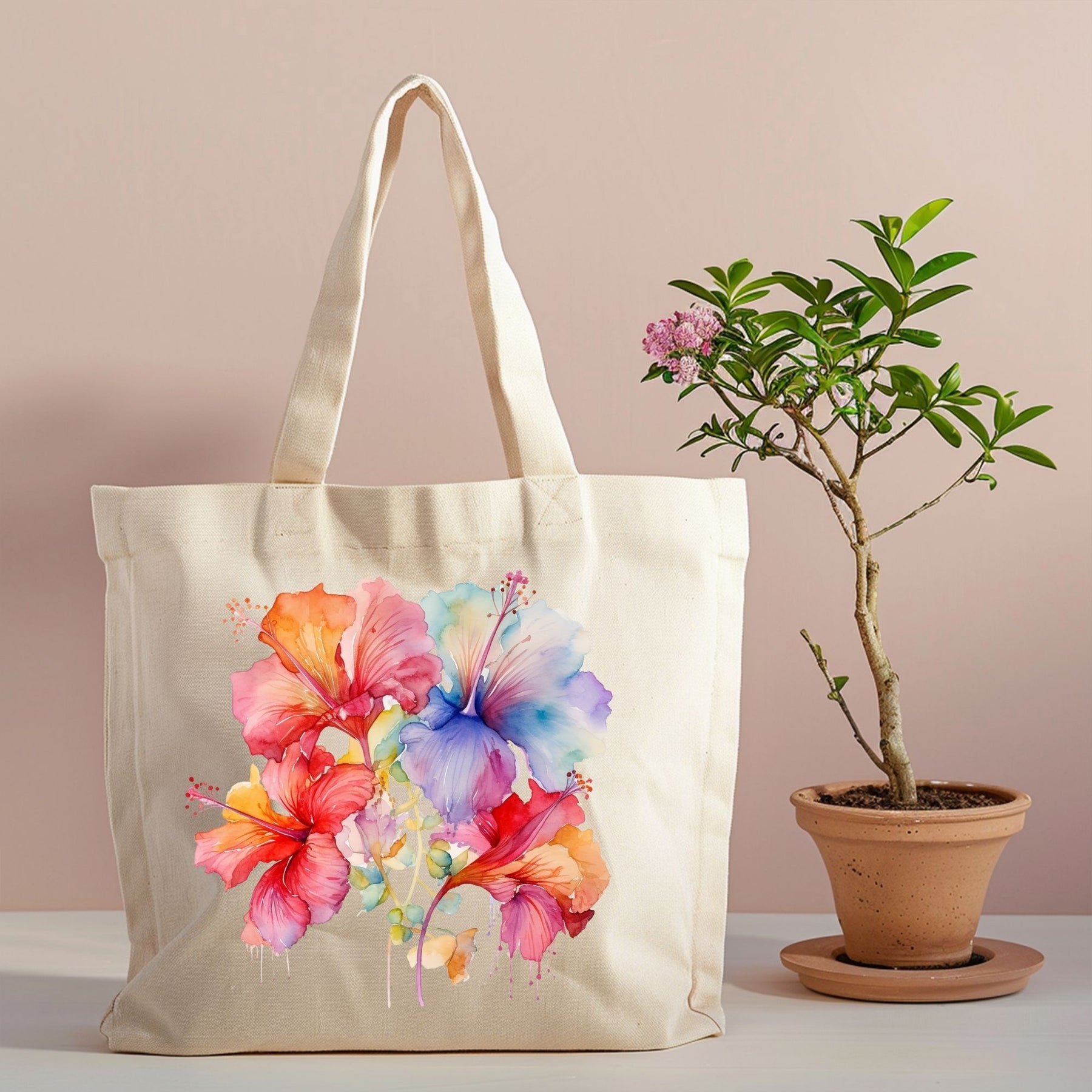 Tropical watercolor hibiscus canvas tote bag with floral design