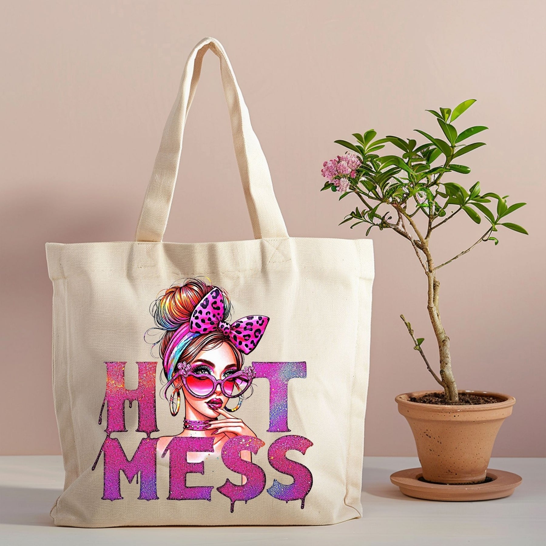 Hot Mess glam canvas tote with fashion illustration