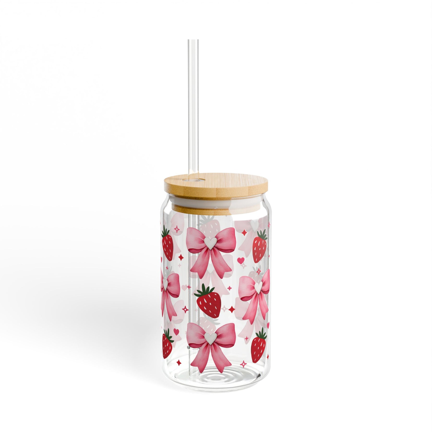 Pink Bows & Strawberries 16oz glass can lifestyle view