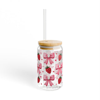 Pink Bows & Strawberries 16oz glass can lifestyle view
