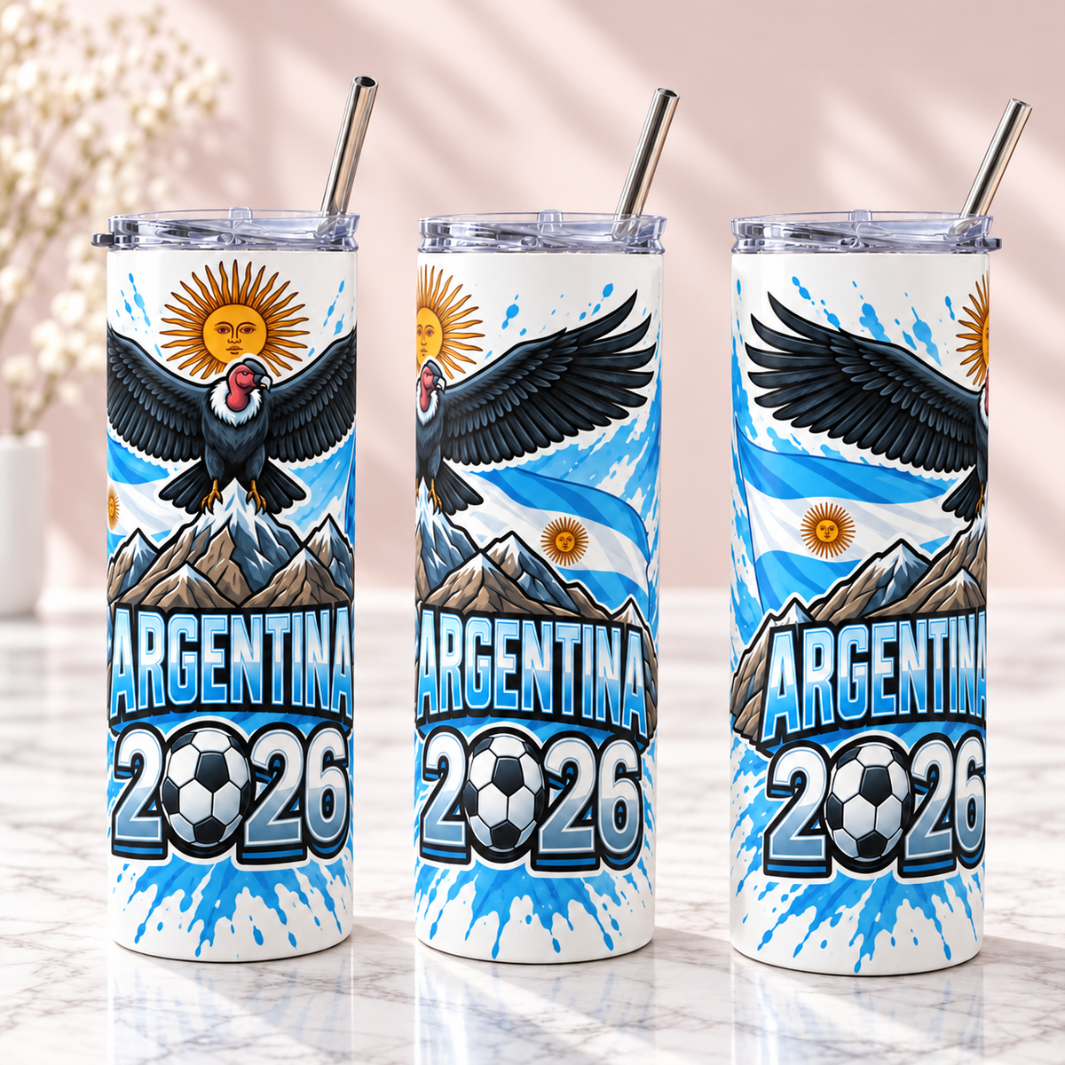 Argentina 2026 Football Tumbler – Insulated Soccer Drinkware — three complementary views of one product